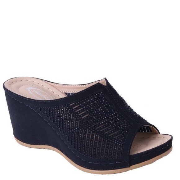 Italina White Rhinestone Stud Embellished Platform Wedge Heeled Mule Sandal - Picture 5 of 7